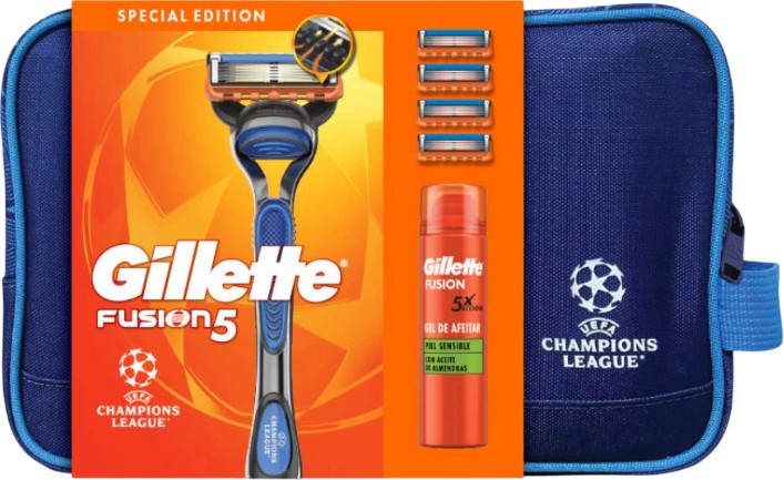 Подаръчен комплект с несесер Gillette Fusion 5 Champions League Подаръчен комплект с несесер Gillette Fusion 5 Champions League - Самобръсначка, резервни ножчета и гел за бръснене - продукт