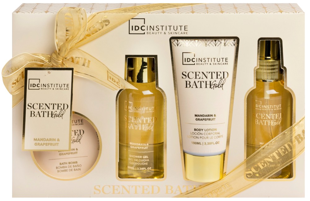 Подаръчен комплект IDC Institute Scented Bath Gold Подаръчен комплект IDC Institute Scented Bath Gold - Душ гел, бомбичка за вана, лосион и спрей за тяло - продукт