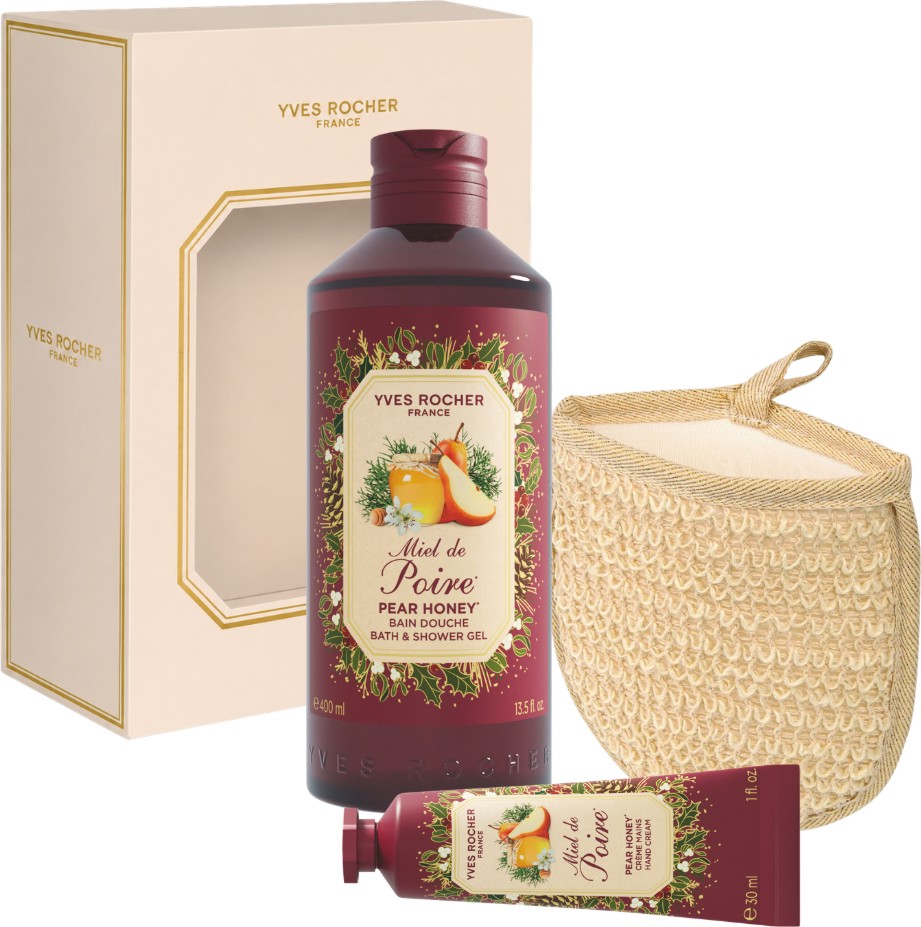 Подаръчен комплект Yves Rocher Pear Honey Подаръчен комплект Yves Rocher Pear Honey - Душ гел, крем за ръце и ръкавица за баня - продукт