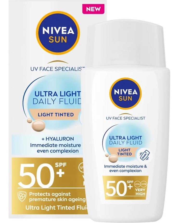 Nivea Sun Ultra Light Daily Fluid SPF 50+ Nivea Sun Ultra Light Daily Fluid SPF 50+ - Цветен флуид за лице с хиалурон от серията Nivea Sun - продукт
