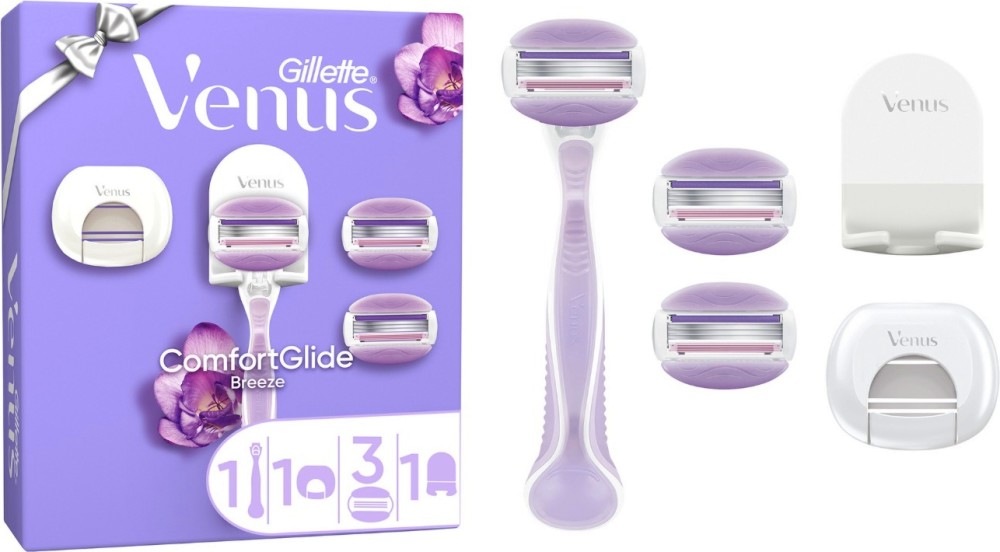 Подаръчен комплект Gillette Venus ComfortGlide Breeze Подаръчен комплект Gillette Venus ComfortGlide Breeze - Самобръсначка, резервни ножчета, предпазител и поставка от серията Venus - продукт