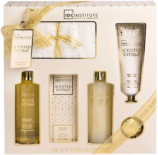 Подаръчен комплект IDC Institute Scented Bath Gold Подаръчен комплект IDC Institute Scented Bath Gold - Душ гел, лосион за тяло, пяна, соли и бомбички за вана и кърпа - продукт
