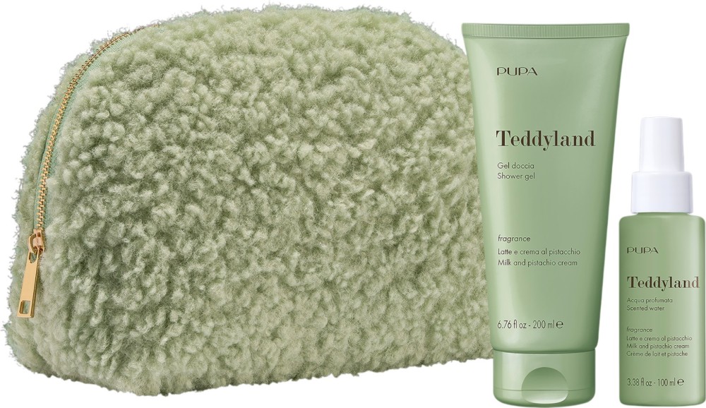 Подаръчен комплект с несесер PUPA Milano Teddyland Milk & Pistachio Cream Подаръчен комплект с несесер PUPA Milano Teddyland Milk & Pistachio Cream - Душ гел и парфюмна вода за тяло от серията Teddyland - продукт