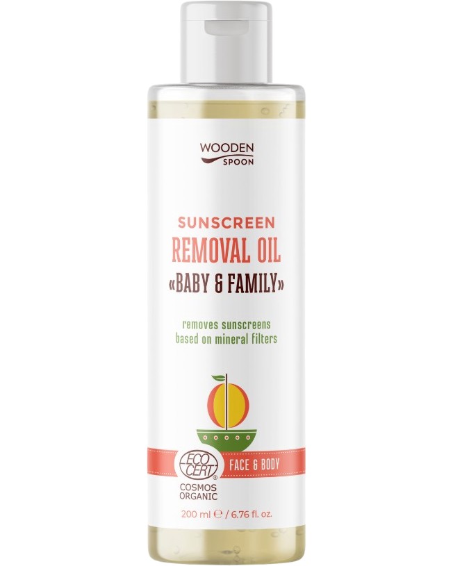 Wooden Spoon Baby & Family Sunscreen Removal Oil Wooden Spoon Baby & Family Sunscreen Removal Oil - Био измивно олио за лице и тяло за почистване на минерална слънцезащита от серията Baby & Family - олио