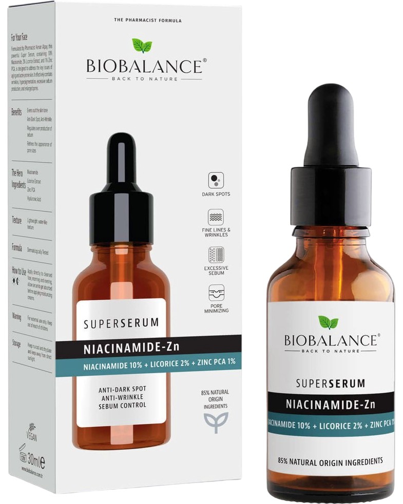 BioBalance Niacinamide-Zn Super Serum BioBalance Niacinamide-Zn Super Serum - Серум за лице против петна и белези от акне с 10% ниацинамид, 2% женско биле и 1% цинк - серум