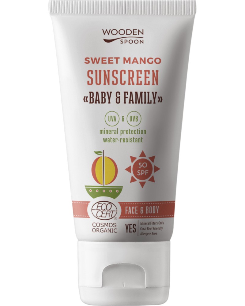 Wooden Spoon Sweet Mango Sunscreen SPF 50 Wooden Spoon Sweet Mango Sunscreen SPF 50 - Био слънцезащитен крем за лице и тяло с аромат на манго от серията Baby & Family - крем