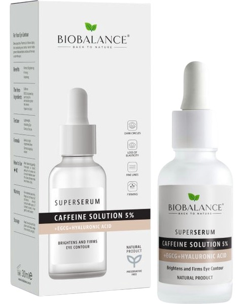 BioBalance Caffeine Solution 5% Super Serum BioBalance Caffeine Solution 5% Super Serum - Околоочен серум против тъмни кръгове и торбички с кофеин - серум