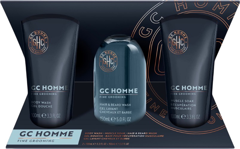 Подаръчен комплект Grace Cole Homme Fine Grooming Подаръчен комплект Grace Cole Homme Fine Grooming - Релаксираща пяна за мускули, шампоан за коса и брада и душ гел от серията Homme - продукт