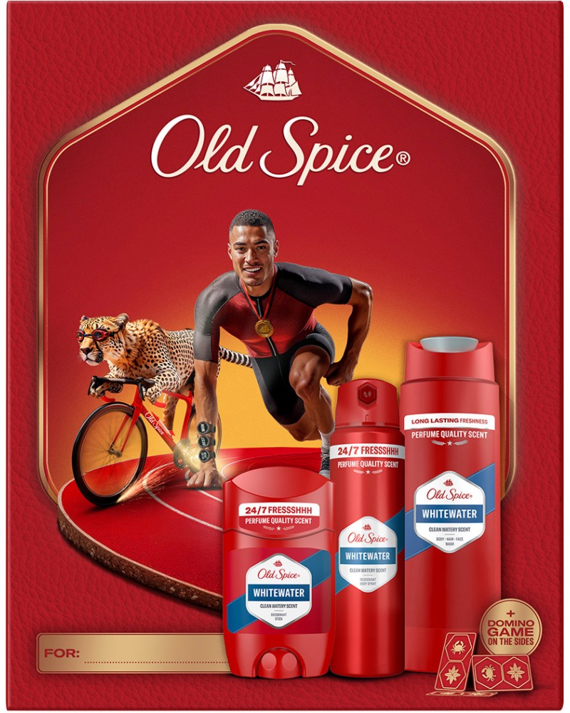 Подаръчен комплект Old Spice Whitewater Ironman Aspirants Подаръчен комплект Old Spice Whitewater Ironman Aspirants - Душ гел, спрей, стик дезодорант и игра домино от серията Whitewater - продукт