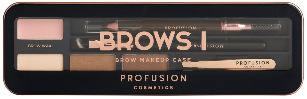 Profusion Cosmetics Brows I Brow Makeup Case Profusion Cosmetics Brows I Brow Makeup Case - Палитра за вежди с молив, четка и пинсета - продукт