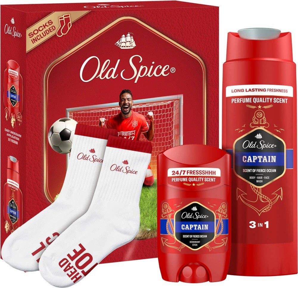 Подаръчен комплект Old Spice Captain Footballer Подаръчен комплект Old Spice Captain Footballer - Душ гел, стик дезодорант и чорапи от серията Captain - продукт