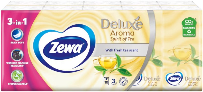 Носни кърпички Zewa Deluxe Aroma Носни кърпички Zewa Deluxe Aroma - 10 пакетчета x 10 кърпички, с аромат на свеж чай - продукт