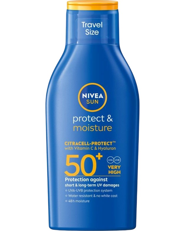 Nivea Sun Protect & Moisture Travel Size Lotion SPF 50+ Nivea Sun Protect & Moisture Travel Size Lotion SPF 50+ - Мини хидратиращ слънцезащитен лосион от серията Nivea Sun - лосион