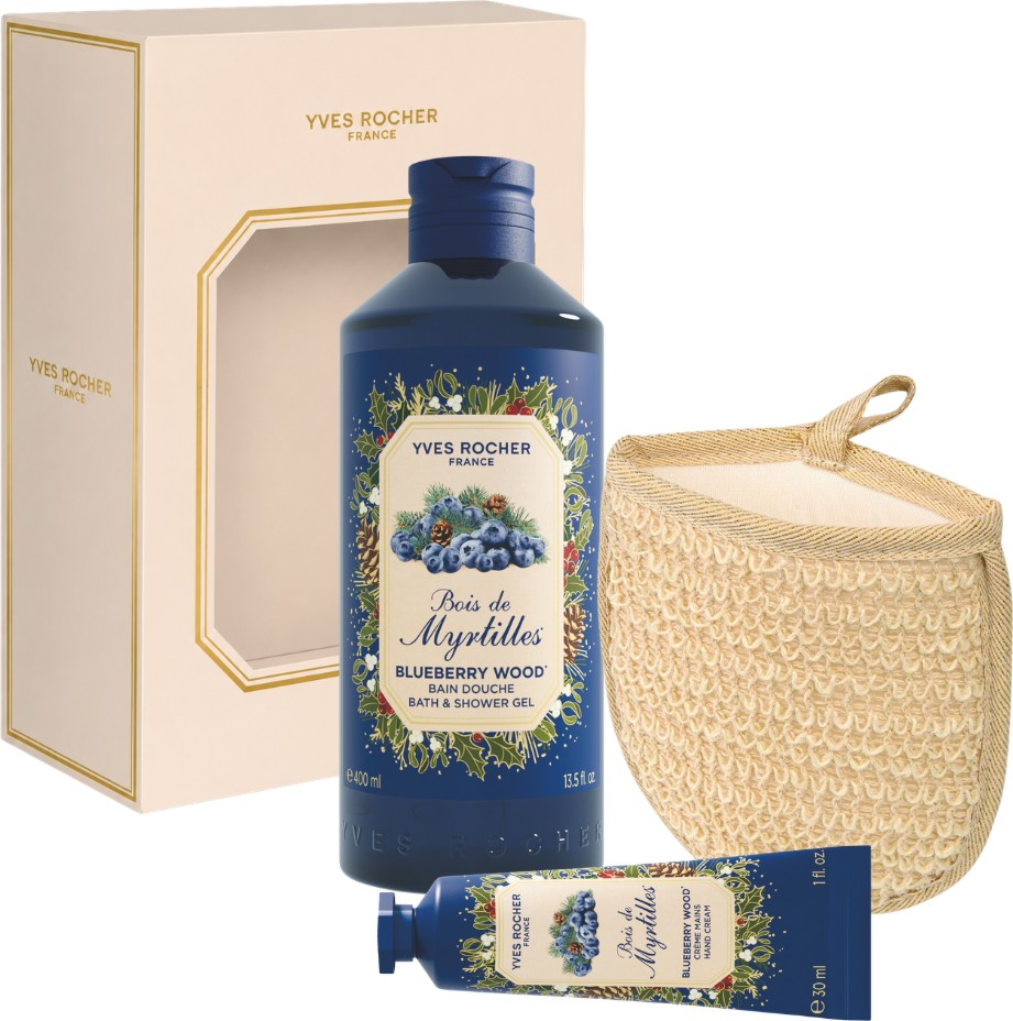 Подаръчен комплект Yves Rocher Blueberry Wood Подаръчен комплект Yves Rocher Blueberry Wood - Душ гел, крем за ръце и ръкавица за баня - продукт