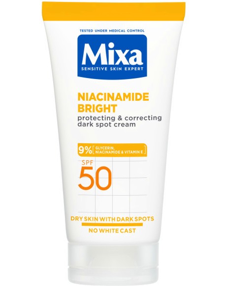 Mixa Niacinamide Bright Protecting & Correcting Dark Spot Cream SPF 50 Mixa Niacinamide Bright Protecting & Correcting Dark Spot Cream SPF 50 - Защитен и коригиращ крем за суха кожа с тъмни петна от серията Niacinamide Bright - крем