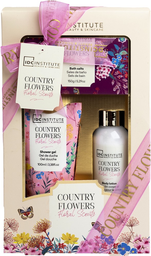 Подаръчен комплект IDC Institute Country Flowers Подаръчен комплект IDC Institute Country Flowers - Душ гел, лосион за тяло и соли за вана - продукт
