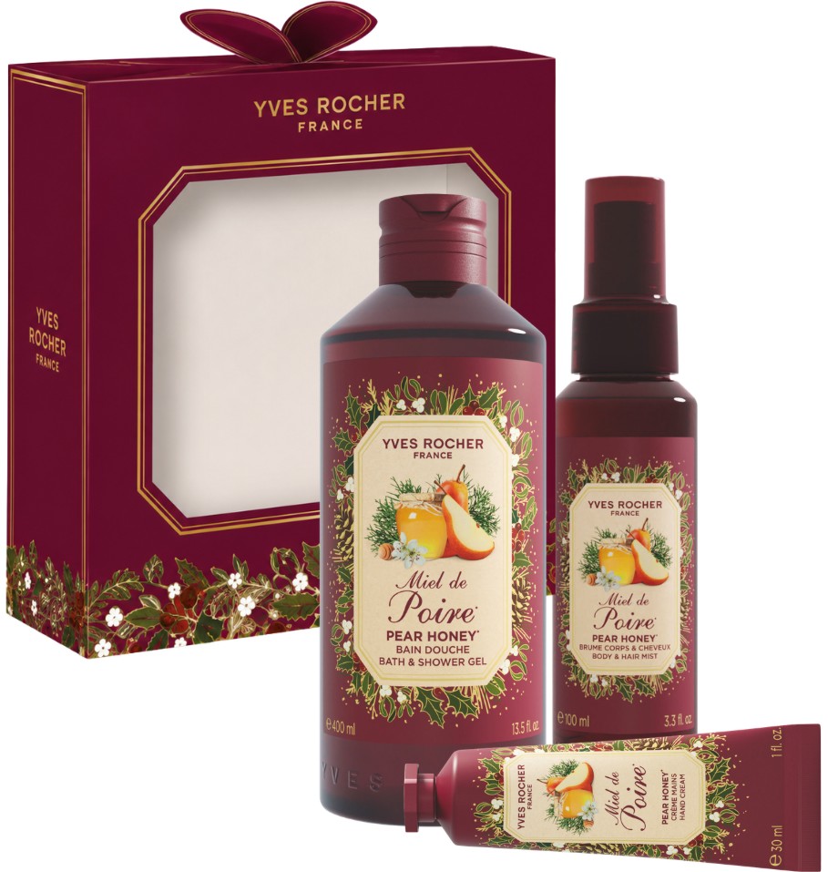 Подаръчен комплект Yves Rocher Pear Honey Подаръчен комплект Yves Rocher Pear Honey - Душ гел, мист за коса и тяло и крем за ръце - продукт