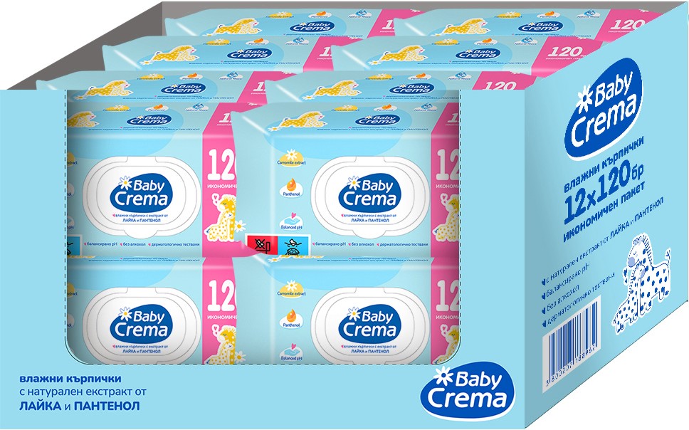 Бебешки мокри кърпички Baby Crema Бебешки мокри кърпички Baby Crema - 12 x 120 броя, с лайка и пантенол - мокри кърпички