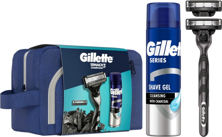 Подаръчен комплект с несесер Gillette Mach 3 Charcoal Подаръчен комплект с несесер Gillette Mach 3 Charcoal - Самобръсначка, резервни ножчета и гел за бръснене - продукт