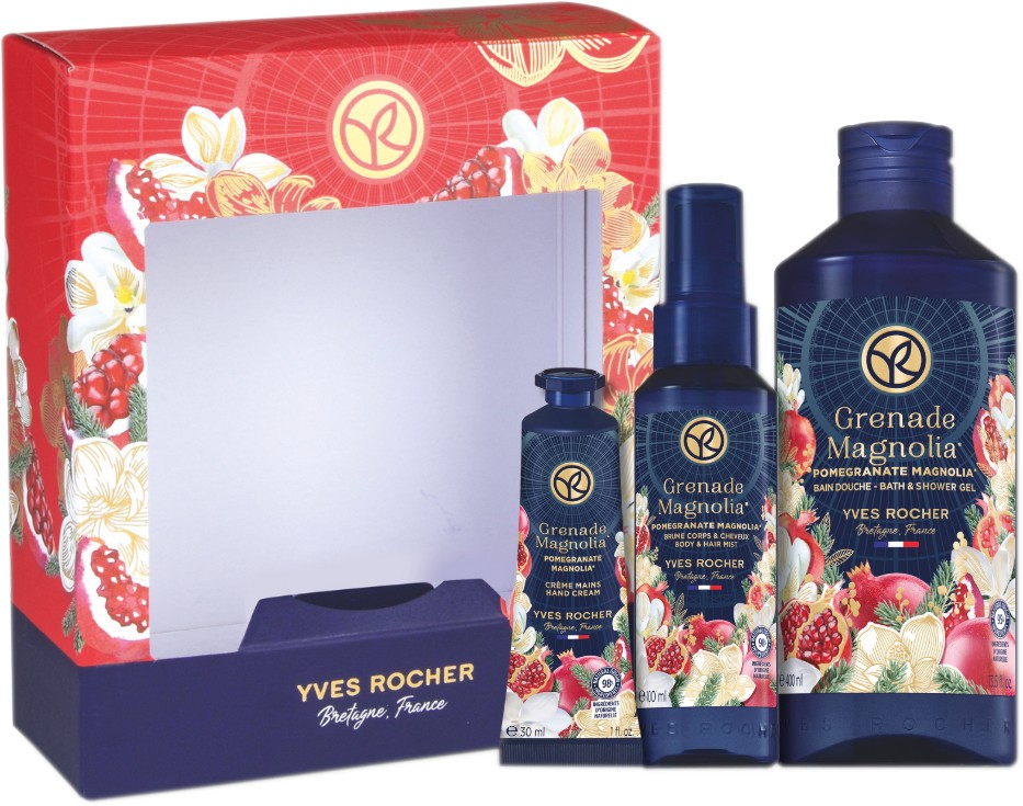 Подаръчен комплект Yves Rocher Pomegranate & Magnolia Подаръчен комплект Yves Rocher Pomegranate & Magnolia - Душ гел, мист за коса и тяло и крем за ръце - продукт