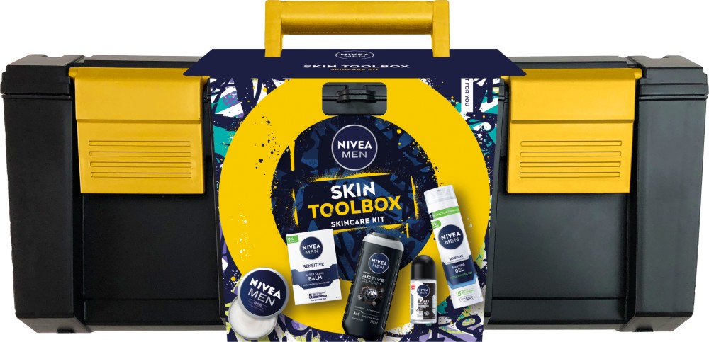 Подаръчен комплект с кутия за инструменти Nivea Men Skin Toolbox Подаръчен комплект с кутия за инструменти Nivea Men Skin Toolbox - Душ гел, гел за бръснене,балсам за след бръснене и универсален крем - продукт