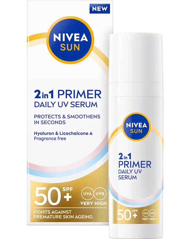 Nivea Sun 2 in 1 Primer Daily UV Serum SPF 50+ Nivea Sun 2 in 1 Primer Daily UV Serum SPF 50+ - Основа за грим и серум за лице 2 в 1 от серията Nivea Sun - продукт