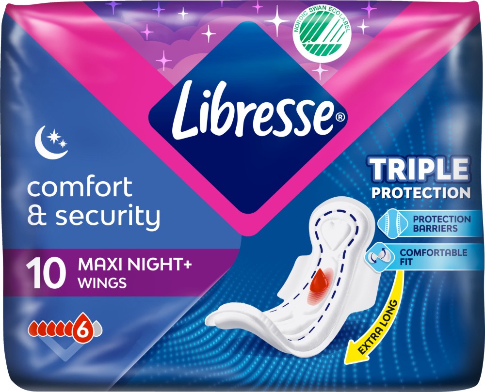 Libresse Comfort & Security Maxi Night+ Libresse Comfort & Security Maxi Night+ - 10 и 20 броя нощни дамски превръзки - дамски превръзки
