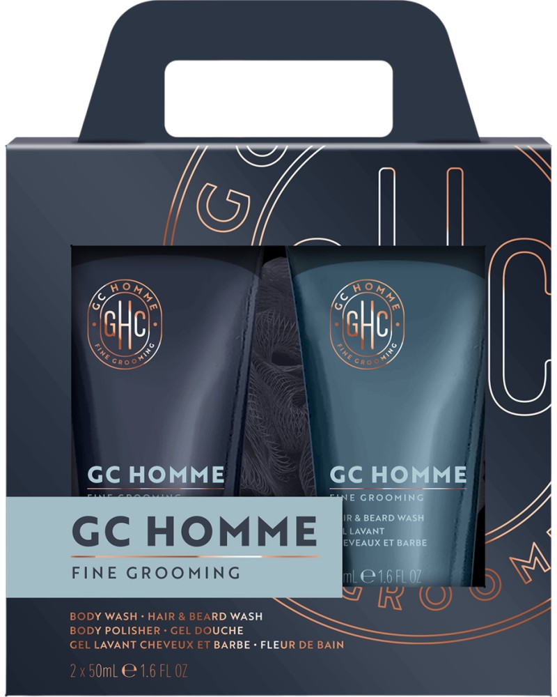 Подаръчен комплект Grace Cole Homme Fine Grooming Подаръчен комплект Grace Cole Homme Fine Grooming - Шампоан за коса и брада, душ гел и гъба за баня от серията Homme - продукт