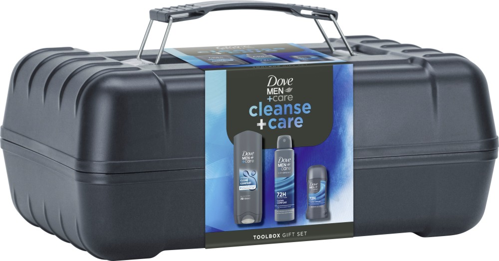 Подаръчен комплект Dove Men+Care Clean Comfort Toolbox Подаръчен комплект Dove Men+Care Clean Comfort Toolbox - Душ гел, спрей и стик дезодорант с кутия за инструменти от серията Clean Comfort - продукт