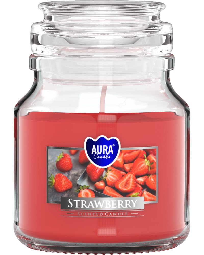 Ароматна свещ с капак Bispol Strawberry Ароматна свещ с капак Bispol Strawberry - 120 g, с аромат на ягода, от серията Aura - продукт
