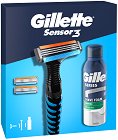 Подаръчен комплект Gillette Sensor 3 - Самобръсначка, резервни ножчета и гел за бръснене - продукт