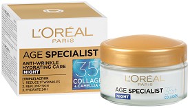 L'Oreal Paris Age Specialist 35+ - Хидратиращ нощен крем за лице от серията "Age Specialist" - крем
