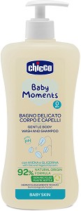 Бебешки шампоан за коса и тяло Chicco - С овес и растителен глицерин от серията Baby Moments - шампоан