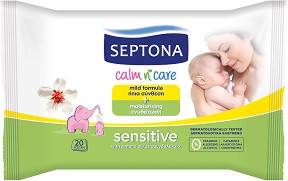 Бебешки мокри кърпички Septona Sensitive - 20 или 64 броя, с бадемово масло - мокри кърпички