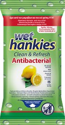 Wet Hankies Clean & Refresh Antibacterial Lemon - Антибактериални мокри кърпички за ръце в опаковки от 15 и 72 броя - мокри кърпички