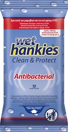 Wet Hankies Clean & Protect Antibacterial - Антибактериални мокри кърпички за ръце в опаковки от 15 и 72 броя - мокри кърпички