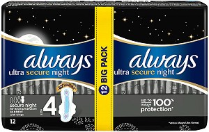 Always Ultra Secure Night Extra Protection Duo - Нощни дамски превръзки - 12 броя - дамски превръзки