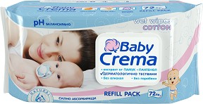 Бебешки мокри кърпички Baby Crema - 72 броя, с екстракт от памук и пантенол - мокри кърпички
