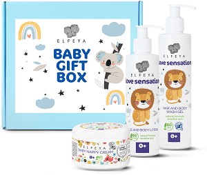 Бебешки подаръчен комплект Elfeya Cosmetics Love Sensation - Крем против подсичане, душ гел и лосион - продукт