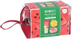Подаръчен комплект с несесер - Nature of Agiva Roses Fruit Salad - Маска за коса, скраб за лице и тяло и гъба за баня - продукт