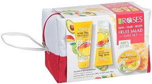 Подаръчен комплект с несесер - Nature of Agiva Roses Fruit Salad - Шампоан, маска за коса и скраб за лице и тяло - продукт