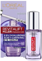 L'Oreal Revitalift Filler HA Eye Serum - Околоочен серум с хиалуронова киселина и кофеин от серията "Revitalift Filler HA" - серум